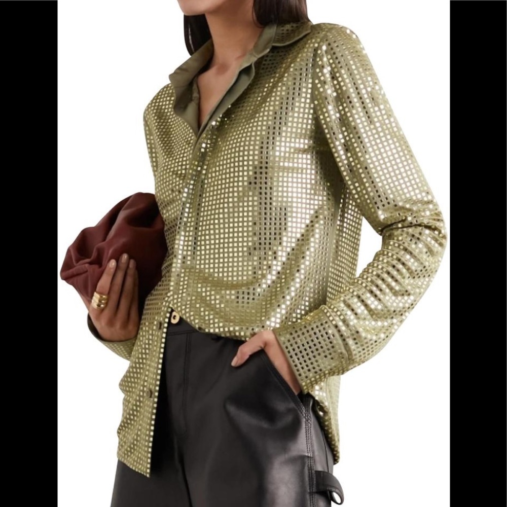 Bottega Veneta Sale Sequin-Embellished Satin-Jersey Shirt NWT Green IT 42